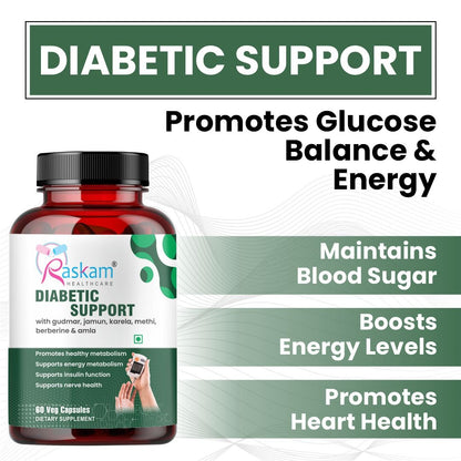 Raskam Diabetic Support Advanced Blood Sugar Support | FSSAI approved Diabetes Care Formula with modern scientific validation Berberine, Cinnamon, Fenugreek, Green Tea to Maintain Healthy Blood Sugar Levels - 60 Veg Capsule