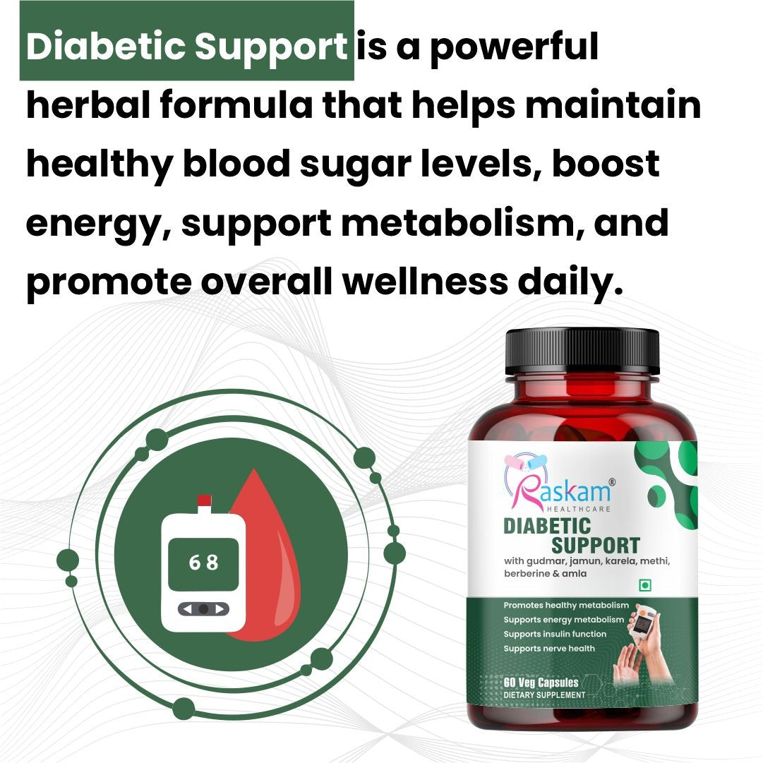 Raskam Diabetic Support Advanced Blood Sugar Support | FSSAI approved Diabetes Care Formula with modern scientific validation Berberine, Cinnamon, Fenugreek, Green Tea to Maintain Healthy Blood Sugar Levels - 60 Veg Capsule