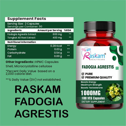 Raskam Fadogia Agrestis with Tongkat Ali Capsules, Maximum Strength, May Support athletic performance, stamina and stress tolerance, Vegan Friendly, 100 Capsules