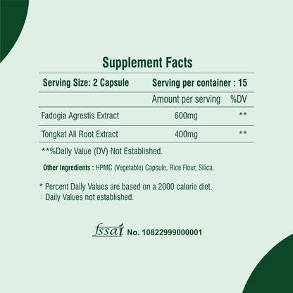 Raskam Fadogia Agrestis with Tongkat Ali Capsules, Maximum Strength, May Support athletic performance, stamina and stress tolerance, Vegan Friendly , 30 Veg Capsules