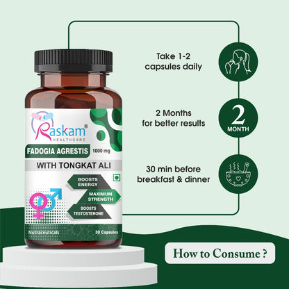 Raskam Fadogia Agrestis with Tongkat Ali Capsules, Maximum Strength, May Support athletic performance, stamina and stress tolerance, Vegan Friendly , 30 Veg Capsules