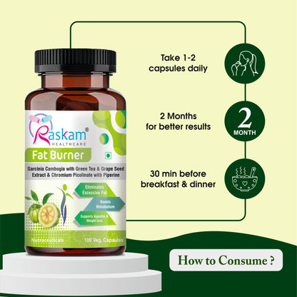 Raskam Fat Burner - 100 Capsules- Weight Loss Supplement with Garcinia Cambogia, Green Coffee Beans Green Tea Extract Metabolism Booster Belly Fat Burner for Men & Women