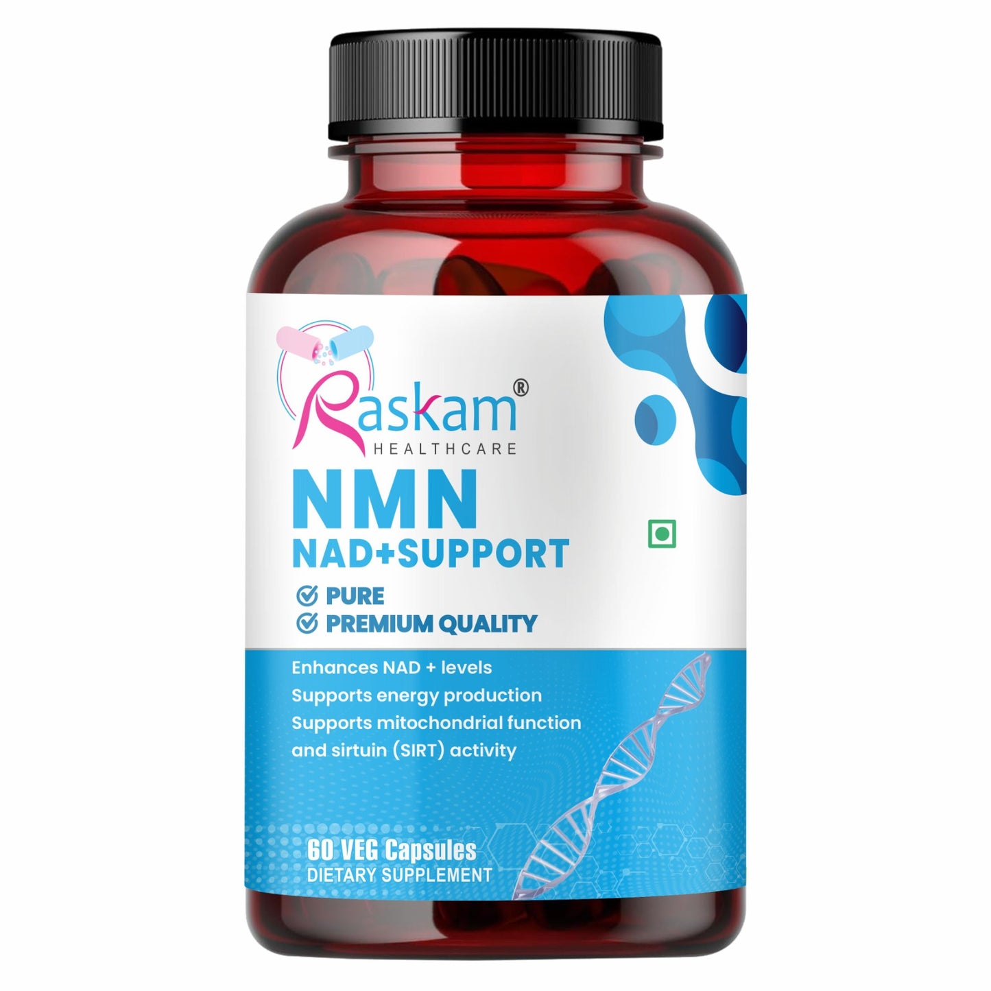 Raskam NMN 500mg capsules | Ultra-Pure 99% NMN for Longevity & Anti-Aging | NAD+ Boost, Cellular Energy & DNA Repair Support