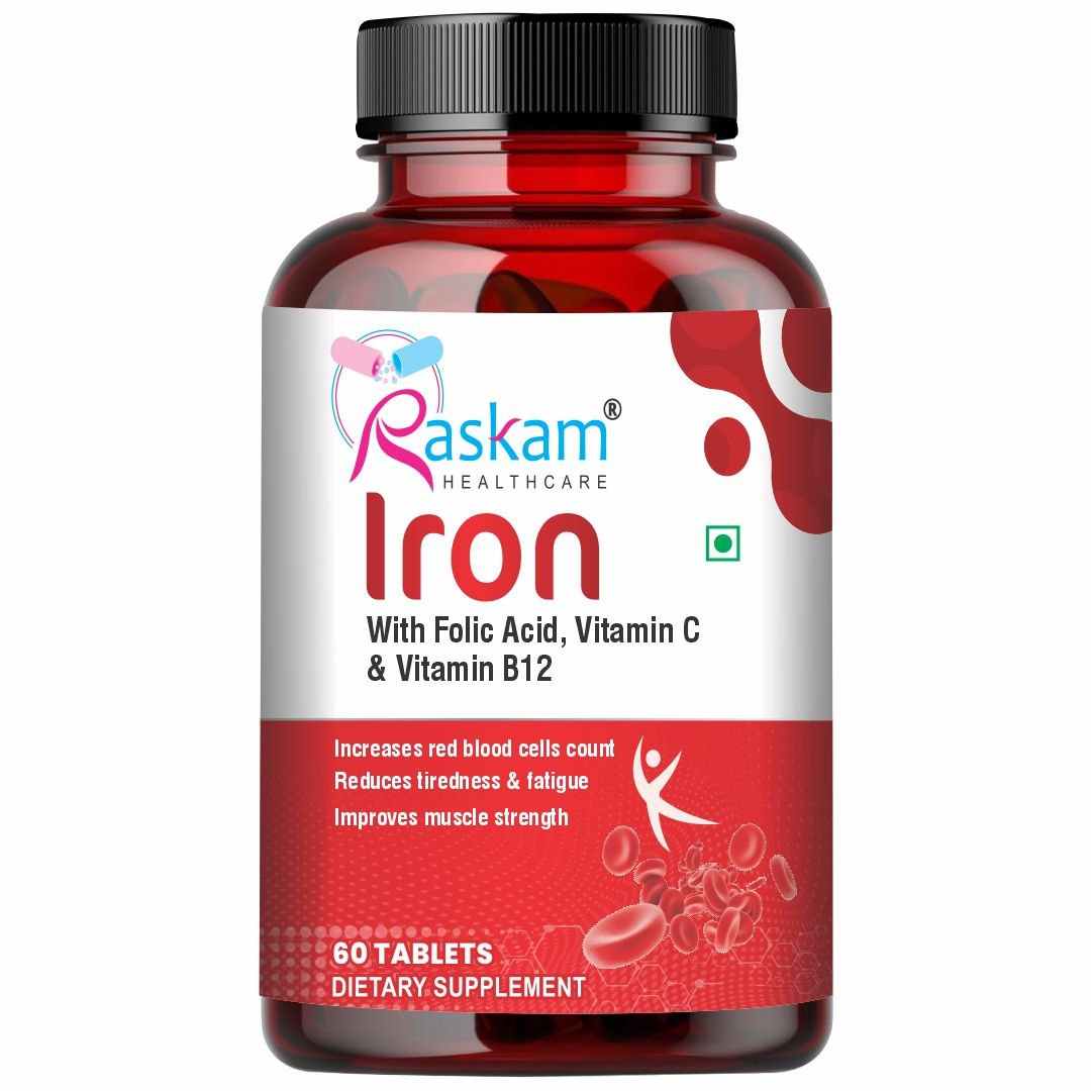 Raskam Iron Supplement with Folic Acid, Vitamin C & Vitamin B12, 60 tablets, Dietary Supplement