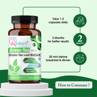 Raskam Green Tea Extract 500mg -60 Capsules with  90% Polyphenols & 45% EGCG- Weight Loss (Fat Burner) & Antioxidant