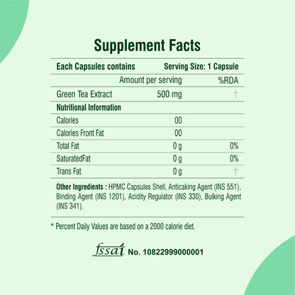 Raskam Green Tea Extract 500mg -60 Capsules with  90% Polyphenols & 45% EGCG- Weight Loss (Fat Burner) & Antioxidant