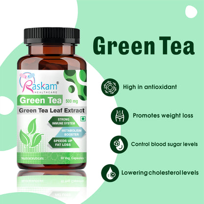 Raskam Green Tea Extract 500mg -60 Capsules with  90% Polyphenols & 45% EGCG- Weight Loss (Fat Burner) & Antioxidant