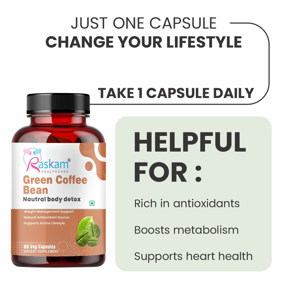 Raskam Green Coffee Bean 800 mg -60 Capsules with 50% CGA- Burns Extra Fat & Boosts Metabolism