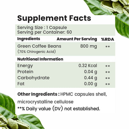 Raskam Green Coffee Bean 800 mg -60 Capsules with 50% CGA- Burns Extra Fat & Boosts Metabolism