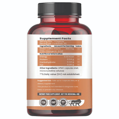 Raskam Green Coffee Bean 800 mg -60 Capsules with 50% CGA- Burns Extra Fat & Boosts Metabolism
