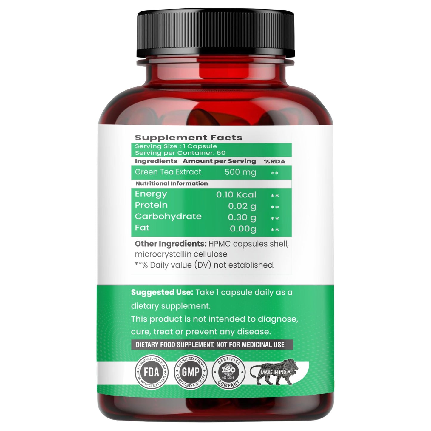 Raskam Green Tea Extract 500mg -60 Capsules with  90% Polyphenols & 45% EGCG- Weight Loss (Fat Burner) & Antioxidant
