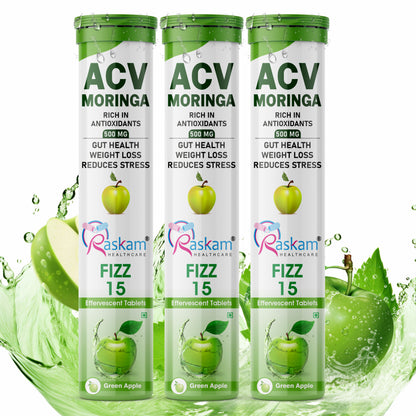 Raskam Apple Cider Vinegar (ACV) Moringa | Master Your Appetite & Boost Immunity | Natural Energy with Antioxidants | No Added Sugar | Green Apple Flavor | 15 Fizz Tablets (500mg)