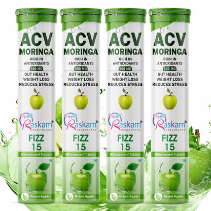 Raskam Apple Cider Vinegar (ACV) Moringa | Master Your Appetite & Boost Immunity | Natural Energy with Antioxidants | No Added Sugar | Green Apple Flavor | 15 Fizz Tablets (500mg)