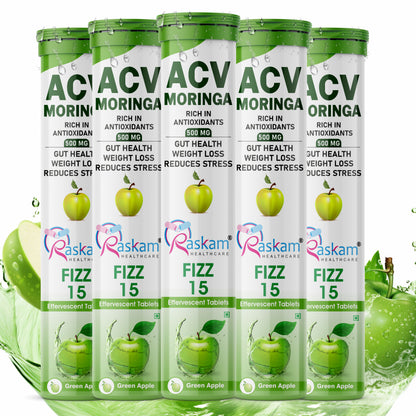 Raskam Apple Cider Vinegar (ACV) Moringa | Master Your Appetite & Boost Immunity | Natural Energy with Antioxidants | No Added Sugar | Green Apple Flavor | 15 Fizz Tablets (500mg)