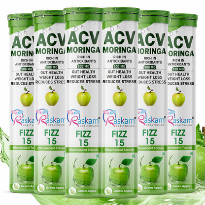 Raskam Apple Cider Vinegar (ACV) Moringa | Master Your Appetite & Boost Immunity | Natural Energy with Antioxidants | No Added Sugar | Green Apple Flavor | 15 Fizz Tablets (500mg)