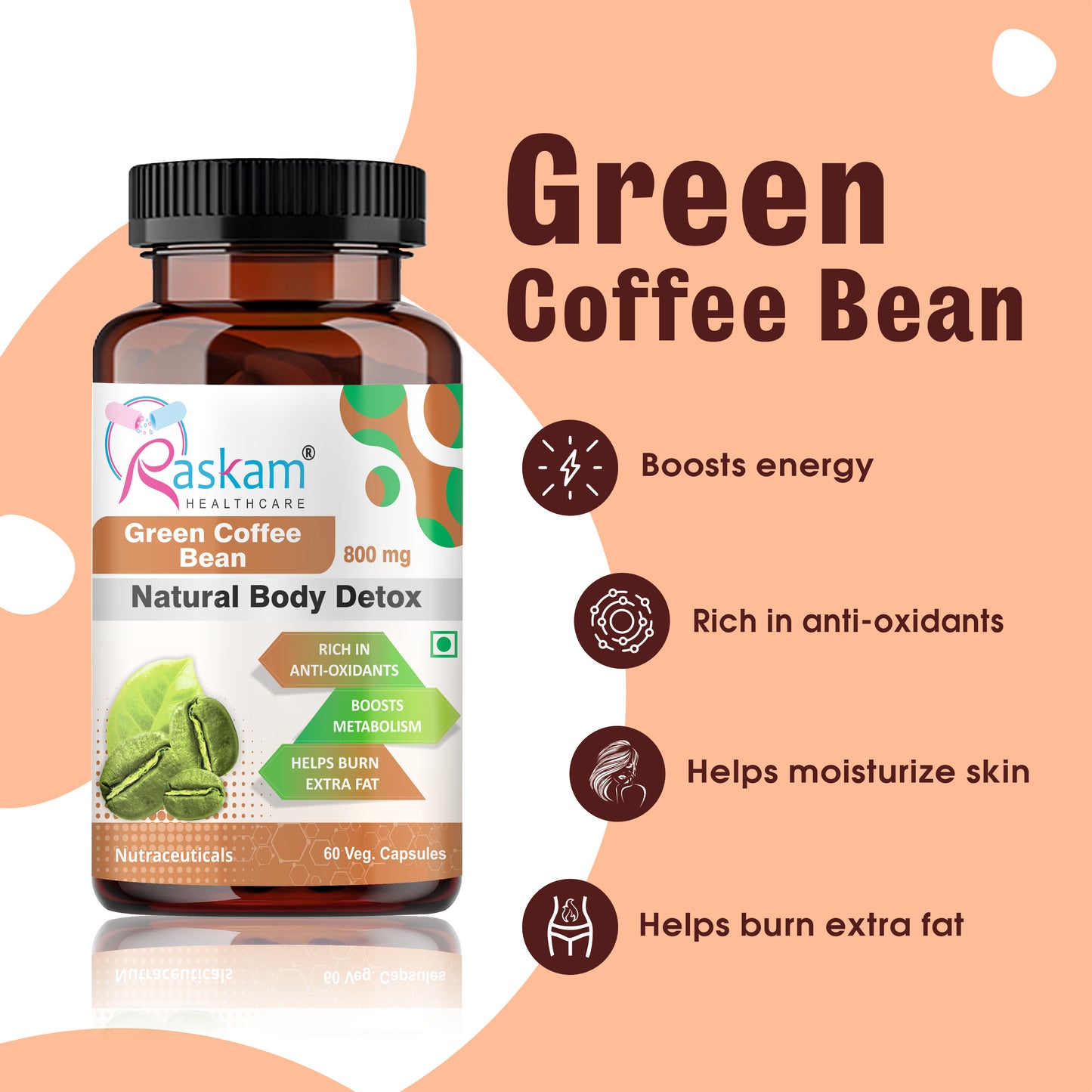 Raskam Green Coffee Bean 800 mg -60 Capsules with 50% CGA- Burns Extra Fat & Boosts Metabolism