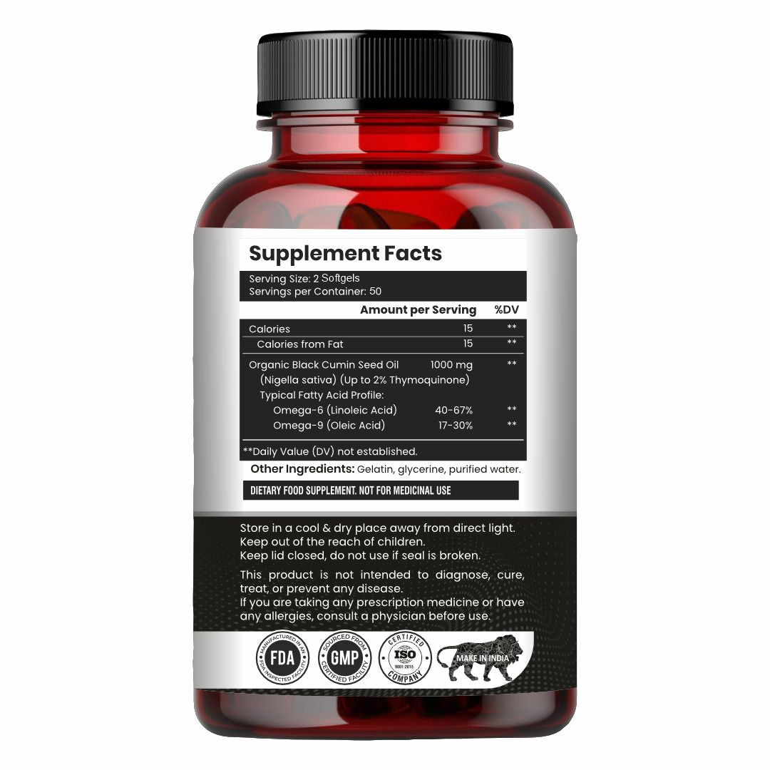 Raskam Black Seed Oil | Premium Cold Pressed Nigella Sativa 1000mg | Heart, Skin & Joint Support | 60 Softgel