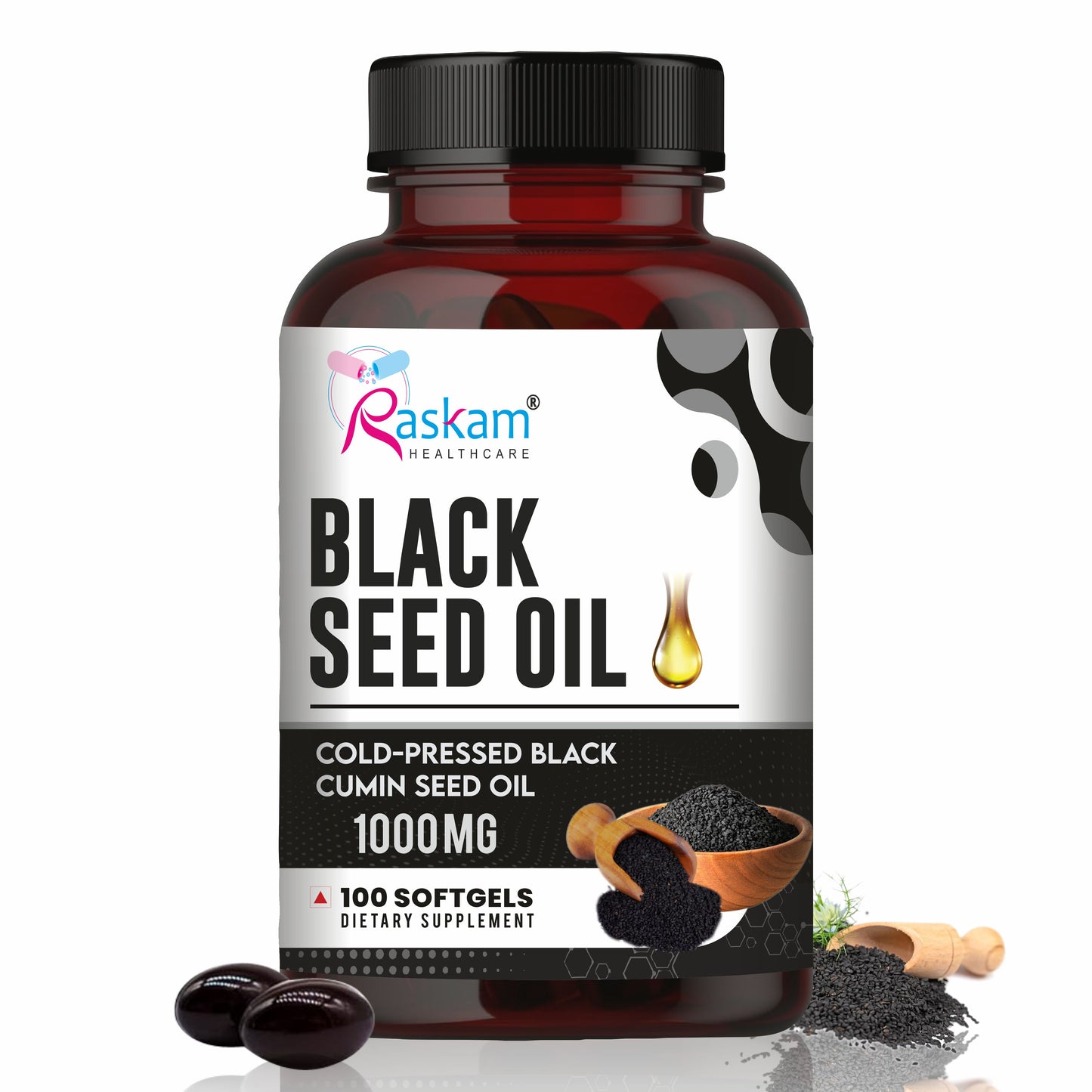 Raskam Black Seed Oil | Premium Cold Pressed Nigella Sativa 500mg | Heart, Skin & Joint Support | 60 Softgel