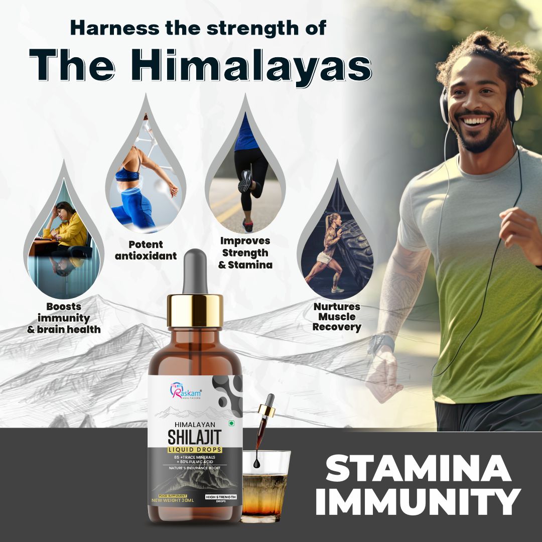 Raskam Pure Himalayan Shilajit liquid Drops - 30ml | Rich in Fulvic acid | Natural extract from Himalayas | 100% Pure Shilajit | Boosts Stamina And Energy | Boosts Stamina And Energy
