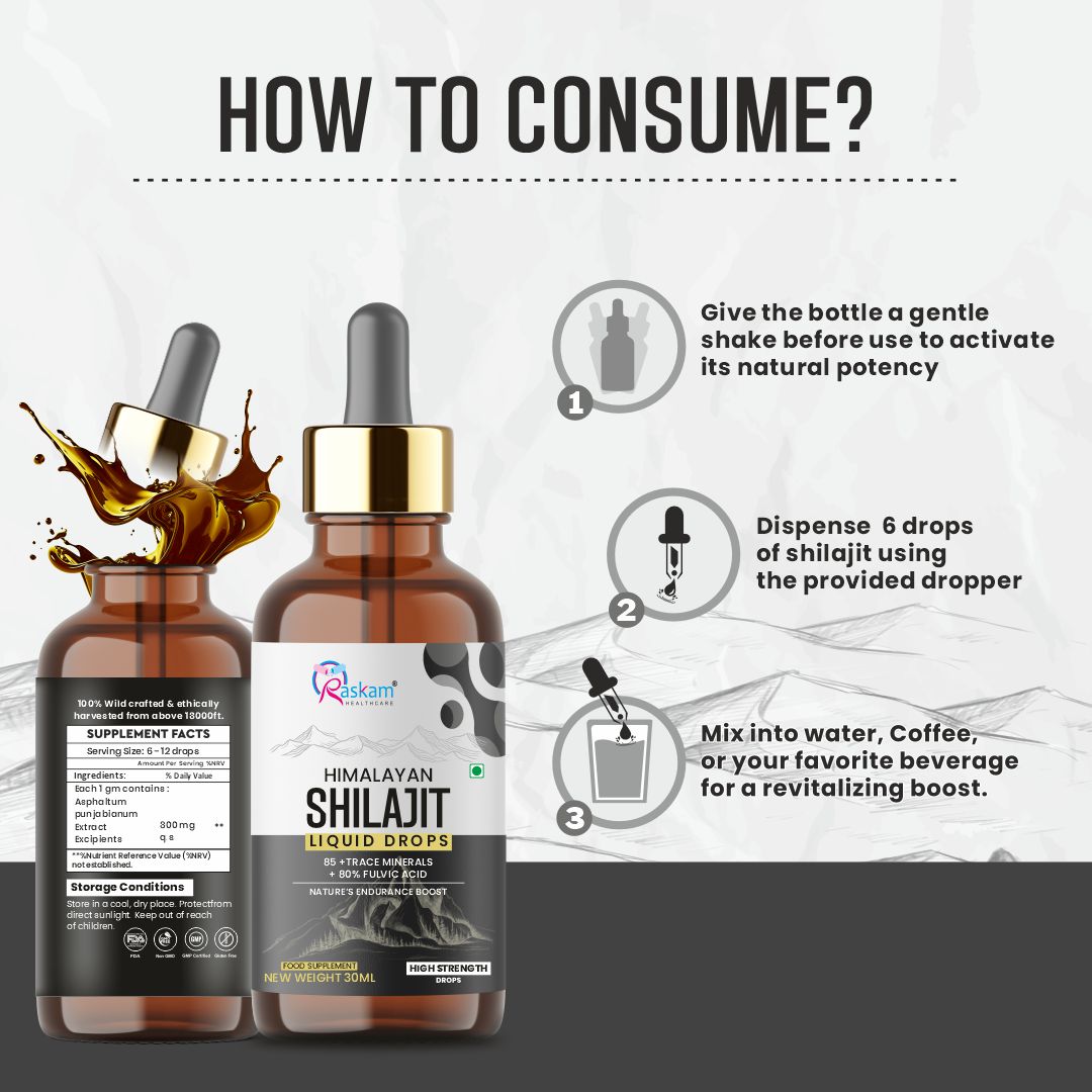 Raskam Pure Himalayan Shilajit liquid Drops - 30ml | Rich in Fulvic acid | Natural extract from Himalayas | 100% Pure Shilajit | Boosts Stamina And Energy | Boosts Stamina And Energy