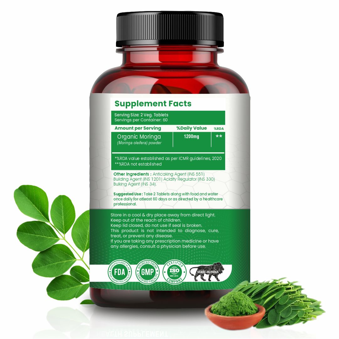 Raskam Organic Moringa Tablet with 1200mg moringa Leaves Extract | Moringa Powder Tablets for Immunity, Digestion & Energy | Moringa Leaves 120 Tablets
