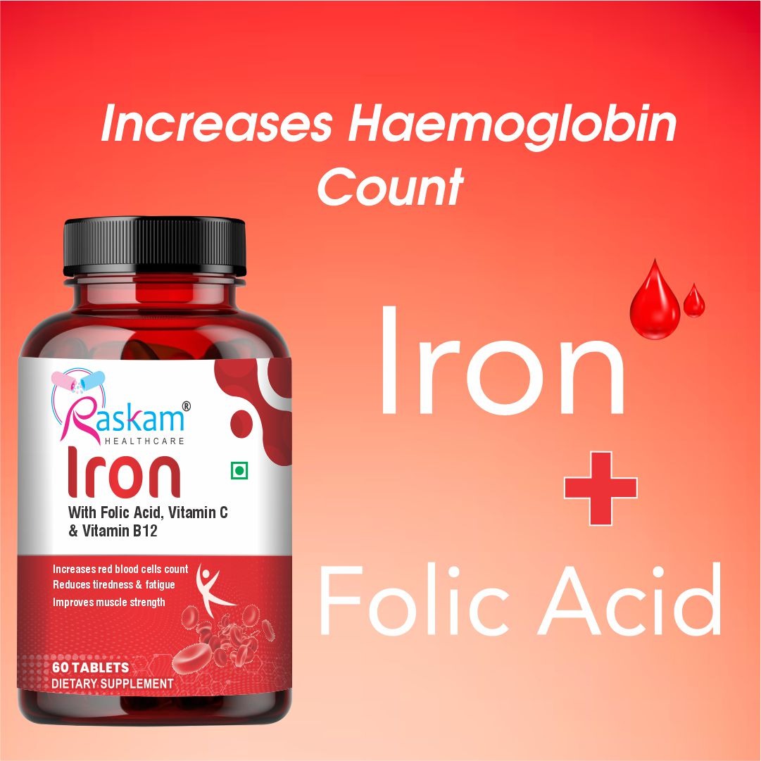 Raskam Iron Supplement with Folic Acid, Vitamin C & Vitamin B12, 60 tablets, Dietary Supplement