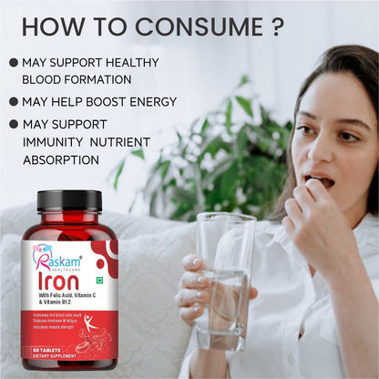 Raskam Iron Supplement with Folic Acid, Vitamin C & Vitamin B12, 60 tablets, Dietary Supplement