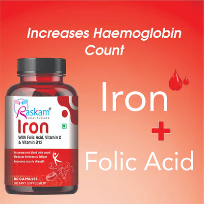 Raskam Iron Supplement with Folic Acid, Vitamin C & Vitamin B12, 60 capsules, Dietary Supplement