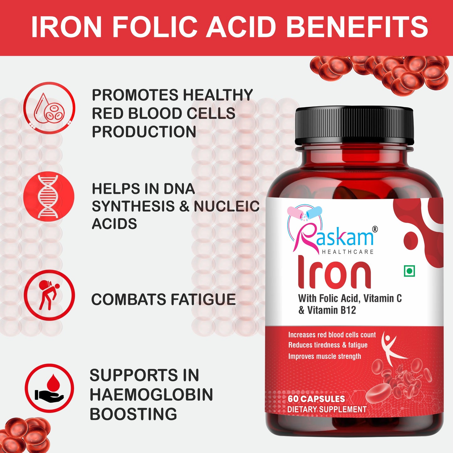 Raskam Iron Supplement with Folic Acid, Vitamin C & Vitamin B12, 60 capsules, Dietary Supplement