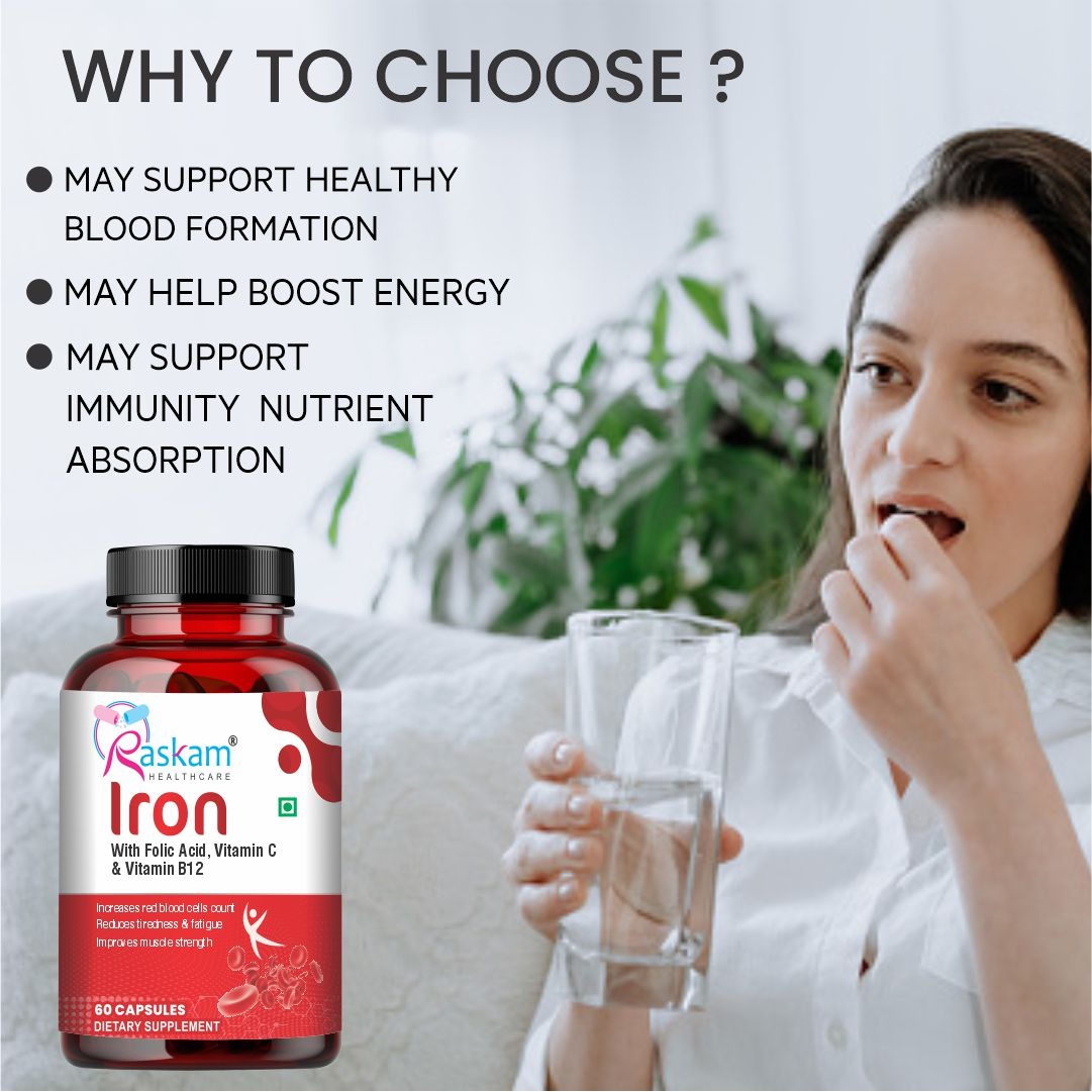 Raskam Iron Supplement with Folic Acid, Vitamin C & Vitamin B12, 60 capsules, Dietary Supplement