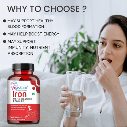 Raskam Iron Supplement with Folic Acid, Vitamin C & Vitamin B12, 60 capsules, Dietary Supplement