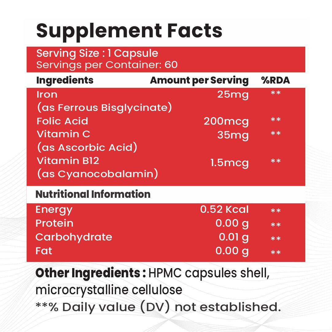 Raskam Iron Supplement with Folic Acid, Vitamin C & Vitamin B12, 60 capsules, Dietary Supplement