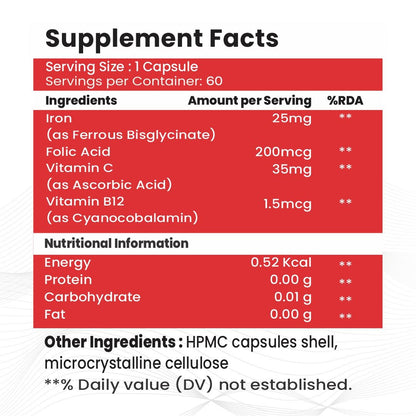 Raskam Iron Supplement with Folic Acid, Vitamin C & Vitamin B12, 60 capsules, Dietary Supplement