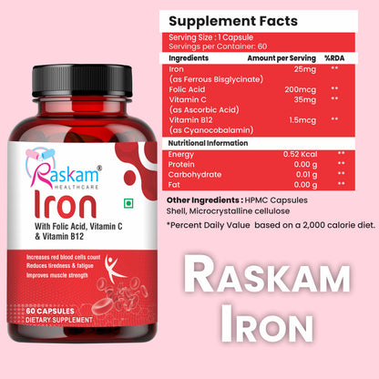 Raskam Iron Supplement with Folic Acid, Vitamin C & Vitamin B12, 60 capsules, Dietary Supplement