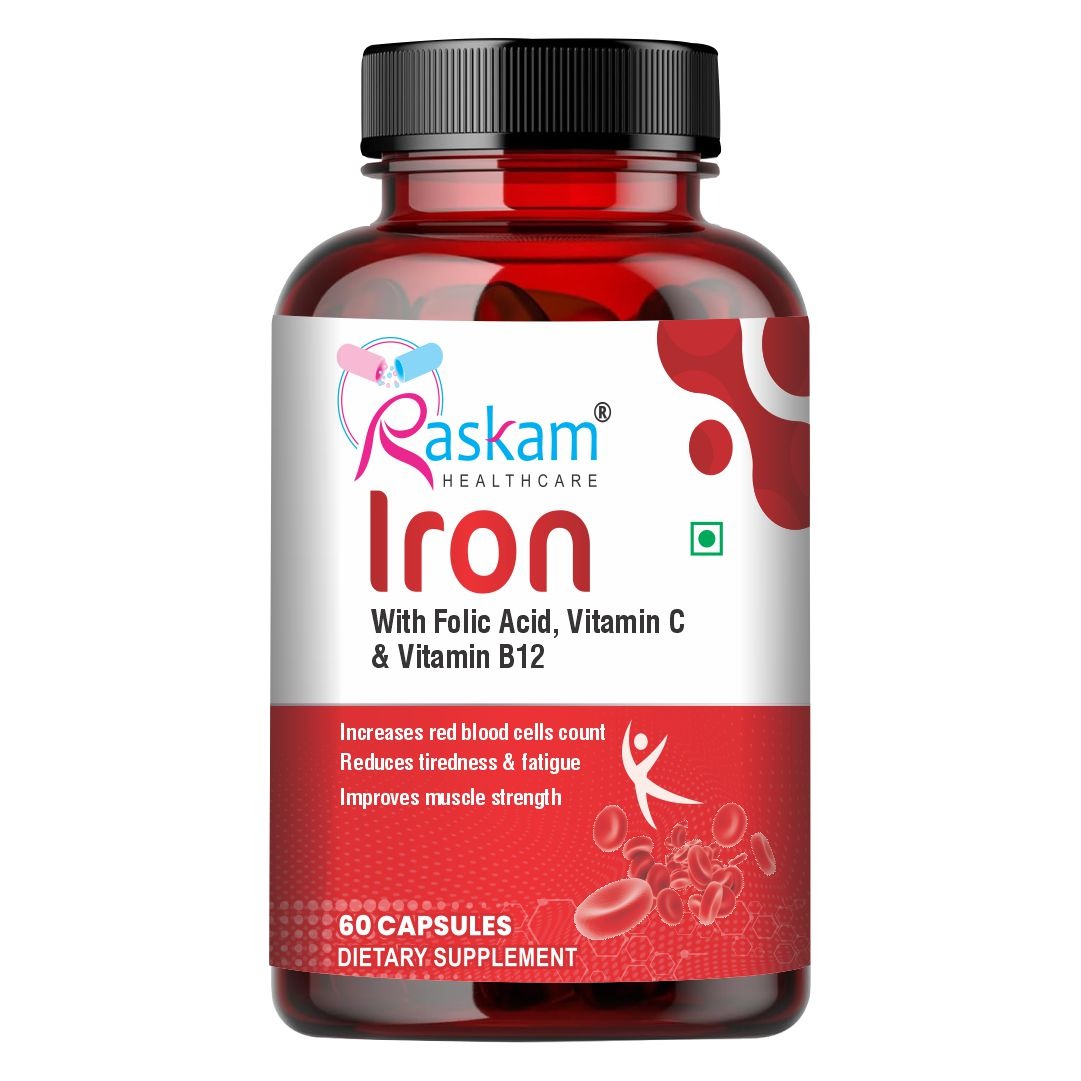 Raskam Iron Supplement with Folic Acid, Vitamin C & Vitamin B12, 60 capsules, Dietary Supplement