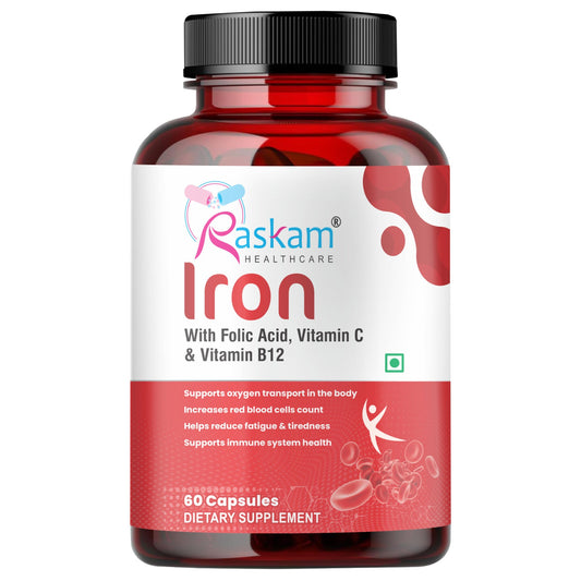 Raskam Iron Supplement with Folic Acid, Vitamin C & Vitamin B12, 60 capsules, Dietary Supplement