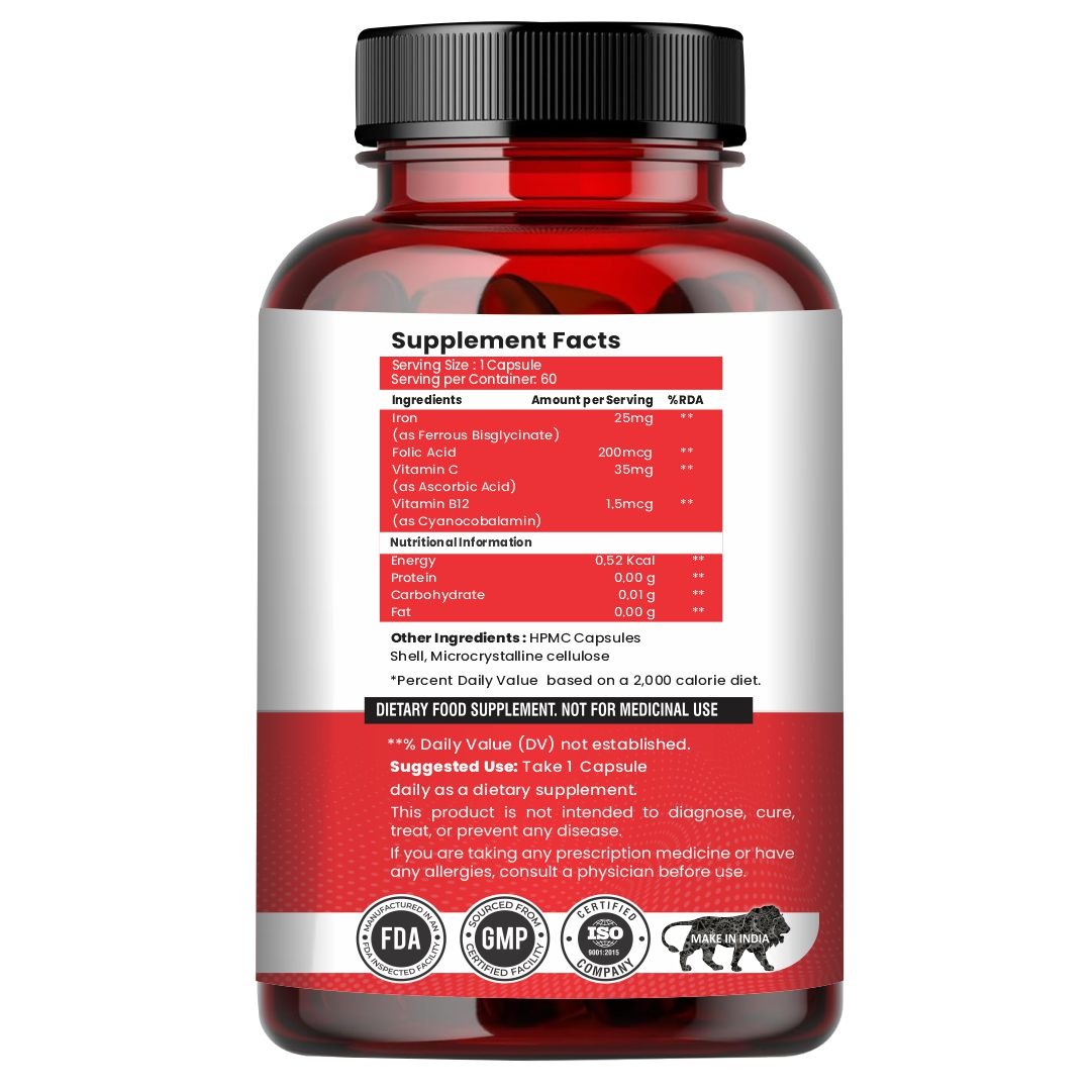 Raskam Iron Supplement with Folic Acid, Vitamin C & Vitamin B12, 60 capsules, Dietary Supplement