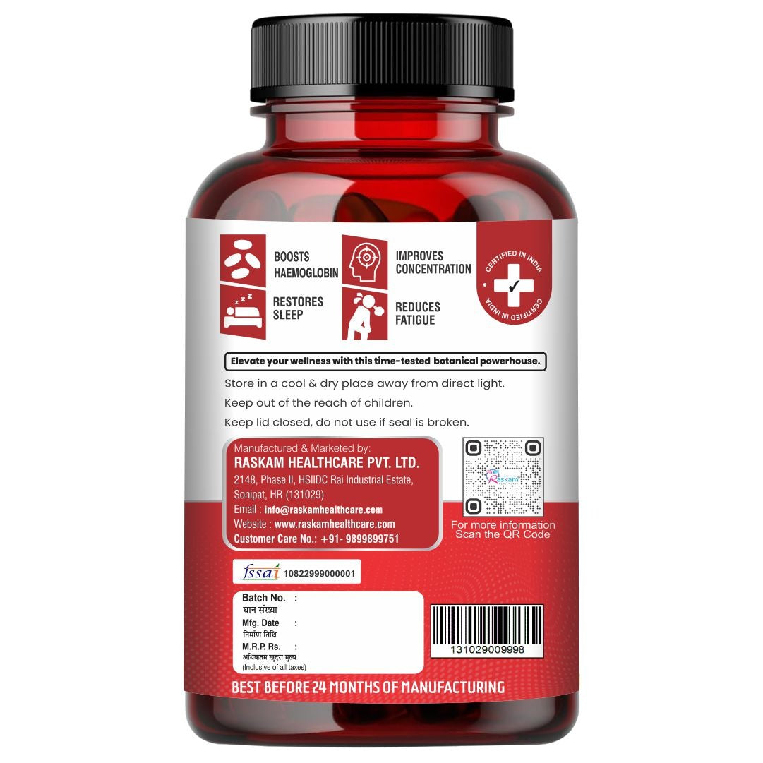 Raskam Iron Supplement with Folic Acid, Vitamin C & Vitamin B12, 60 capsules, Dietary Supplement