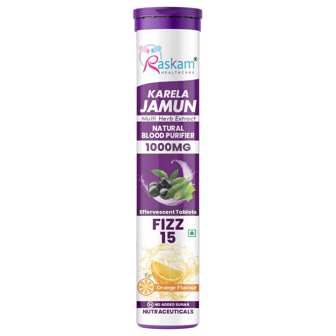 Raskam Karela Jamun with Multi Herb Extract Effervescent Tablets | Helps in High Sugar Condition | Promotes Healthy Glucose Metabolism | Diabetes Management  | Boosts Digestive Health | Tangy Orange Flavor 15 Fizz Tablets