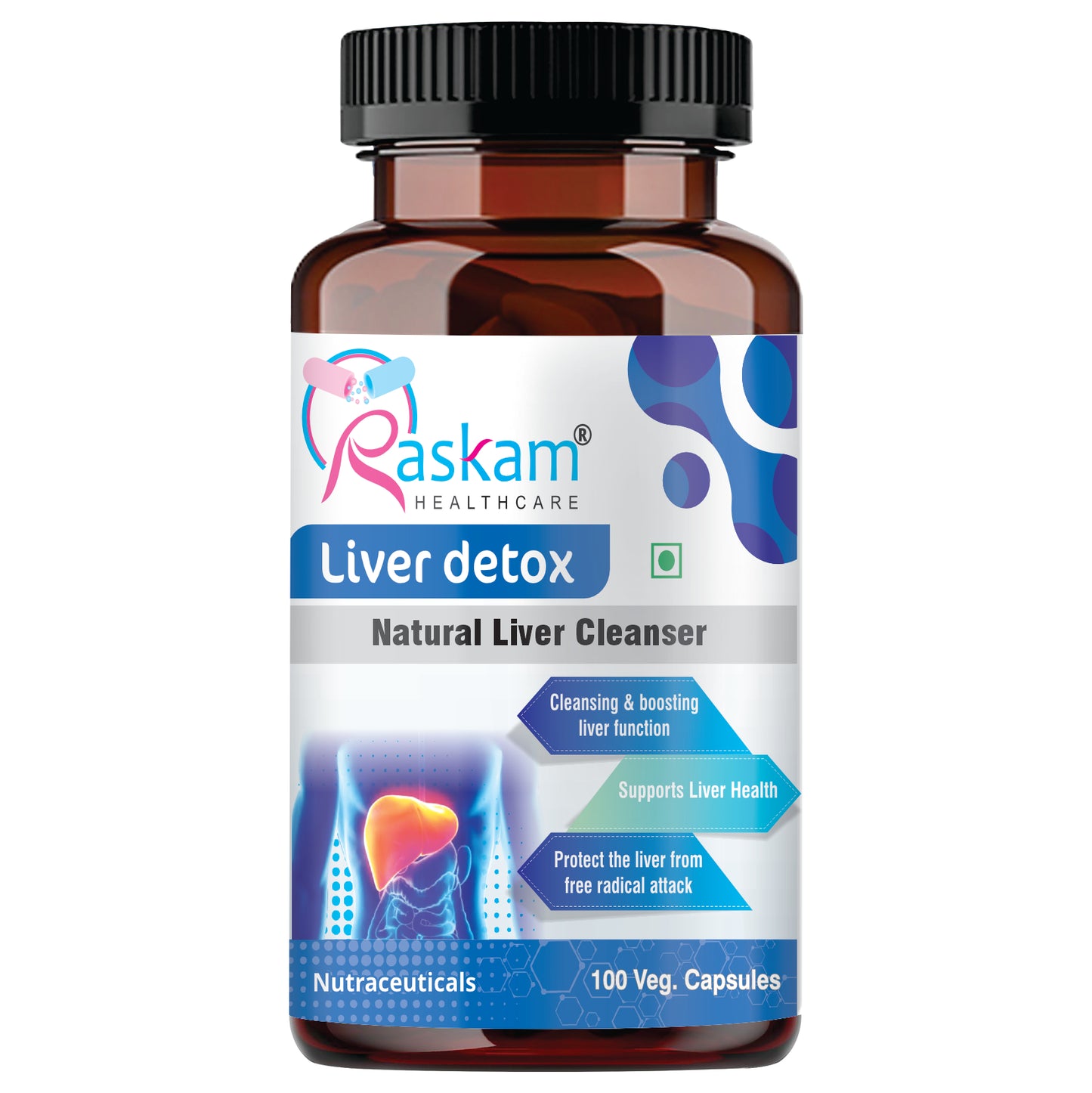 Raskam Liver Detox - 100 Capsules Natural Detoxification Formula - Digestive Enzymes - Supports Liver - Fit Health Fatty Liver Care- Body Detox Support