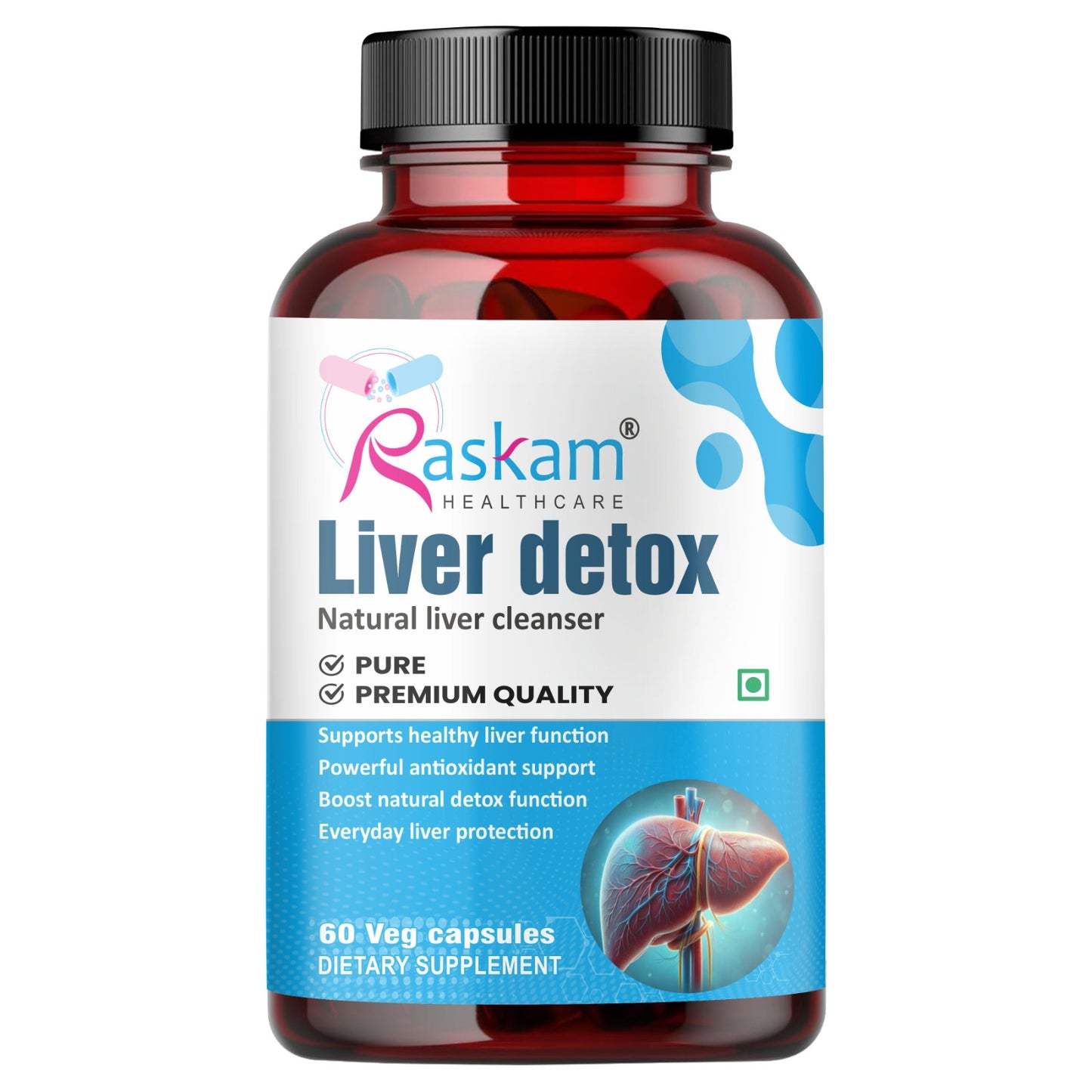 Raskam Liver Detox - 100 Capsules Natural Detoxification Formula - Digestive Enzymes - Supports Liver - Fit Health Fatty Liver Care- Body Detox Support