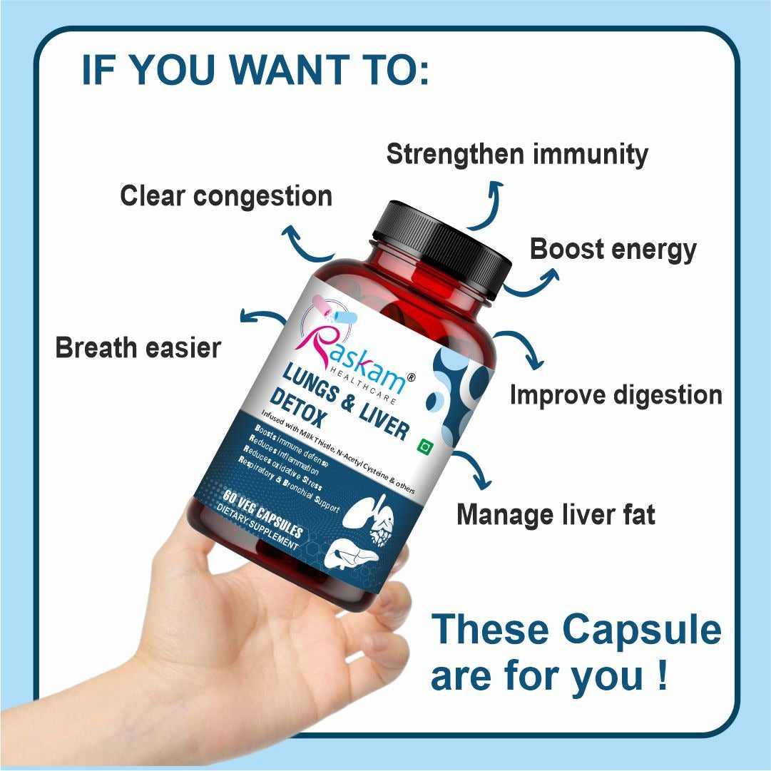 Raskam Lungs & Liver Detox Supplement | Milk Thistle & N-Acetyl Cysteine, Immune Support | 60 Veg Capsules