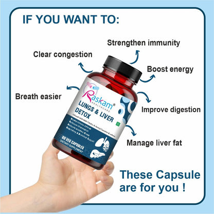 Raskam Lungs & Liver Detox Supplement | Milk Thistle & N-Acetyl Cysteine, Immune Support | 60 Veg Capsules