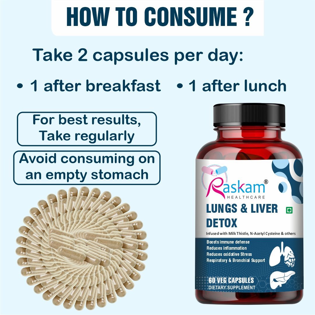 Raskam Lungs & Liver Detox Supplement | Milk Thistle & N-Acetyl Cysteine, Immune Support | 60 Veg Capsules