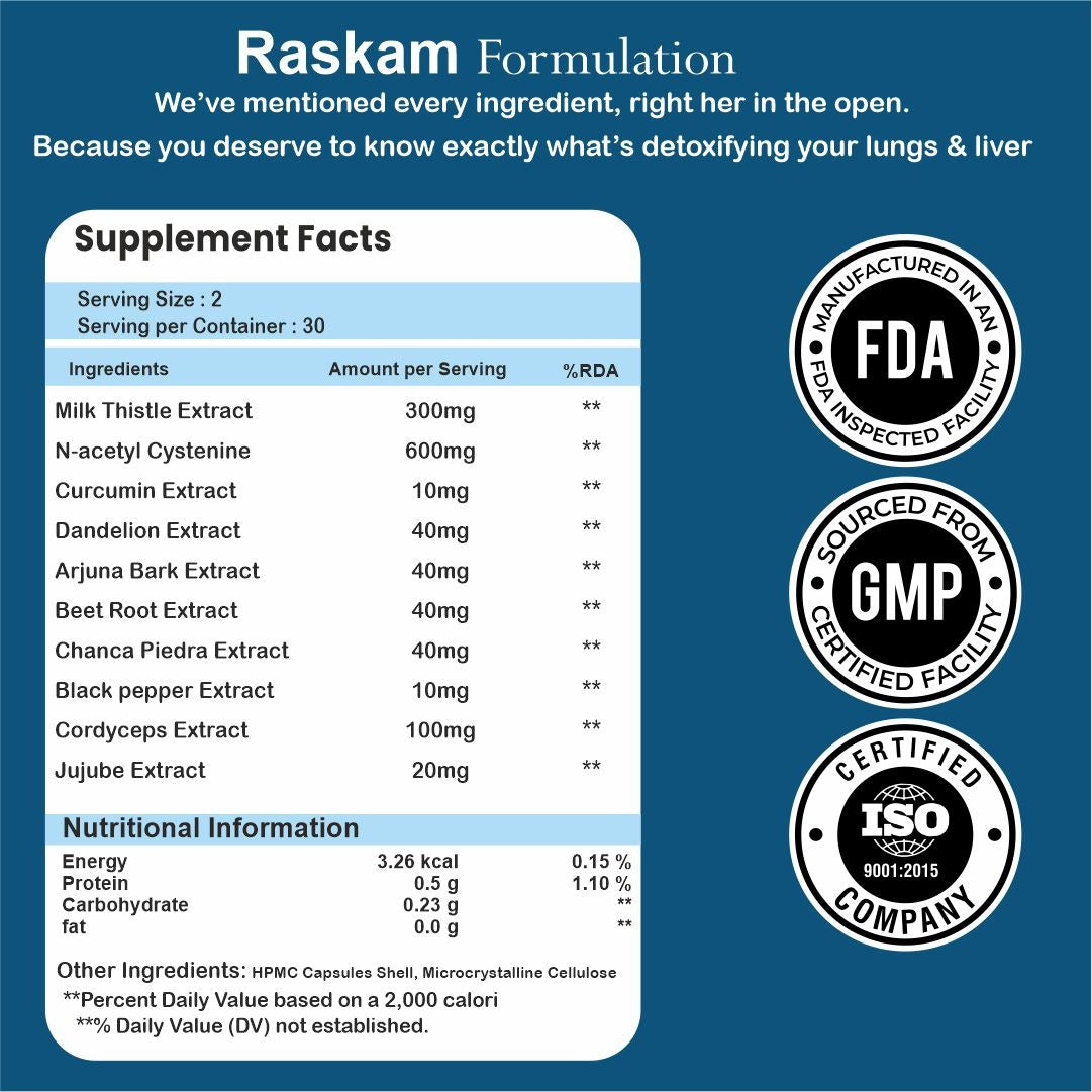 Raskam Lungs & Liver Detox Supplement | Milk Thistle & N-Acetyl Cysteine, Immune Support | 60 Veg Capsules