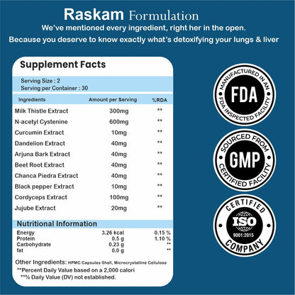 Raskam Lungs & Liver Detox Supplement | Milk Thistle & N-Acetyl Cysteine, Immune Support | 60 Veg Capsules