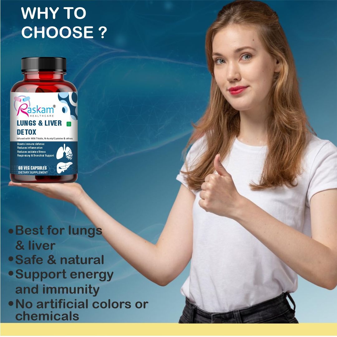 Raskam Lungs & Liver Detox Supplement | Milk Thistle & N-Acetyl Cysteine, Immune Support | 60 Veg Capsules