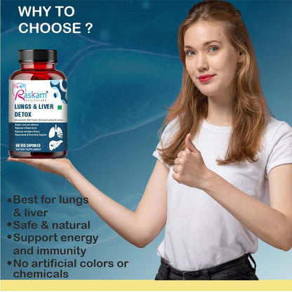 Raskam Lungs & Liver Detox Supplement | Milk Thistle & N-Acetyl Cysteine, Immune Support | 60 Veg Capsules