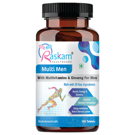Raskam Multi Men - 100 Tablets-No.1 Multivitamin for Men with Panax Ginseng, Gingko Biloba & 29 vital Nutrients for Overall Health, Vitality , Strong Bones & Immunity