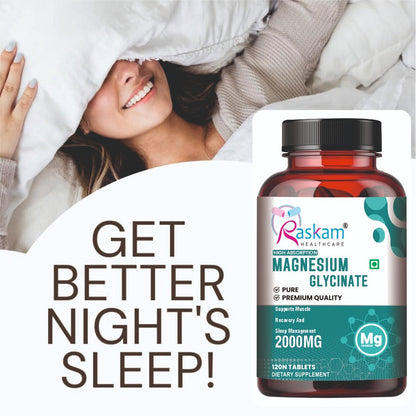 Raskam Magnesium Glycinate, 2000mg per serving, 120 vegetarian tablets, supports muscle recovery, sleep and nerve health